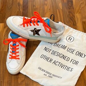 Golden Goose White Sneakers with Animal Print Stars & Bright Orange Laces